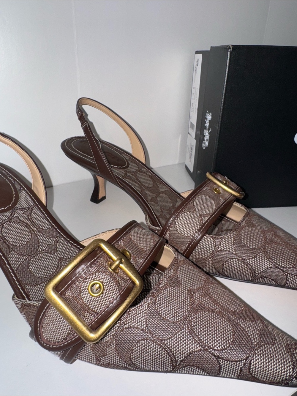 Coach Brown Logo Pointed Slingback Flats with Gold Buckle - Picture 2 of 6